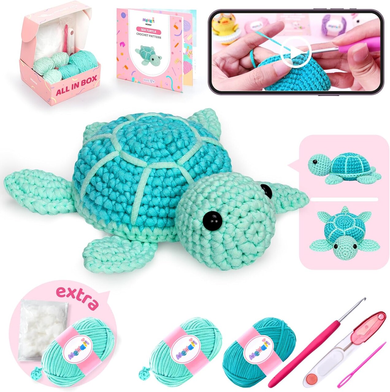 Crochet Kit for Beginners (Blue Sea Turtle) 5.91 x 5.51 x 2.76 inches